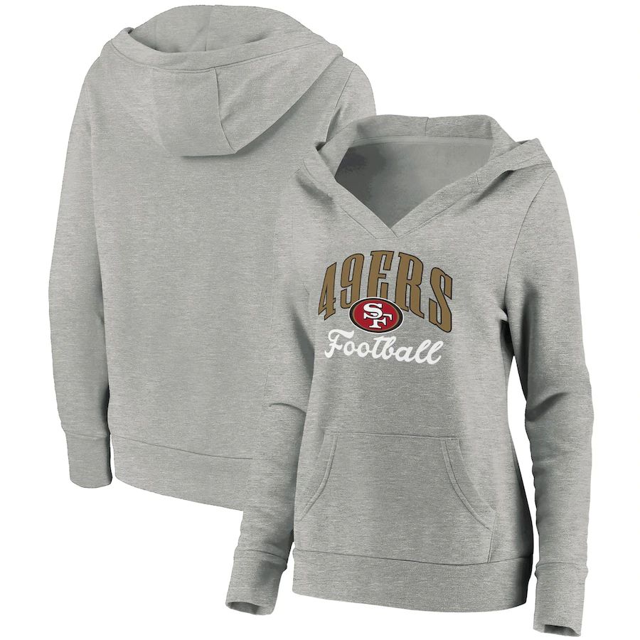 Women San Francisco 49ers NFL Pro Line by Fanatics Branded Heathered Gray Team Victory Script Crossover V-Neck Pullover Hoodie->women nfl jersey->Women Jersey